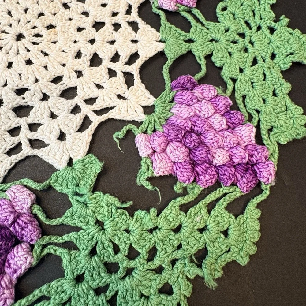 Vintage (2) Handmade Crochet Doily 3D Purple Grape Cluster Design 10.5